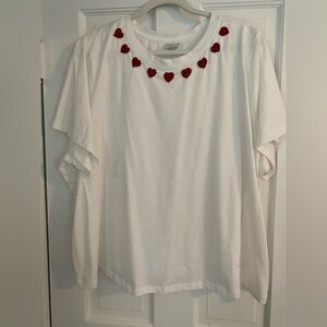 White Tee with Beaded Red Heart Neckline